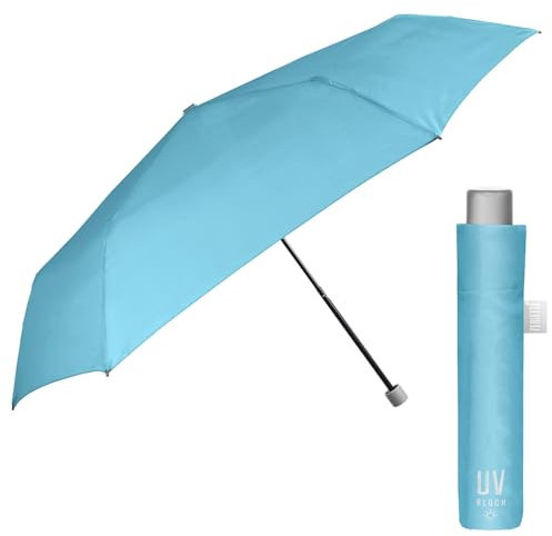 PERLETTI Paraguas para el Sol Plegable Extra Compacto - Paraguas con Filtro Solar Mujer Hombre Antiviento Pequeño - Sombrilla Anti UV y Lluvia Súper Slim Manual de Viaje - Diámetro 91 cm (Azul)
