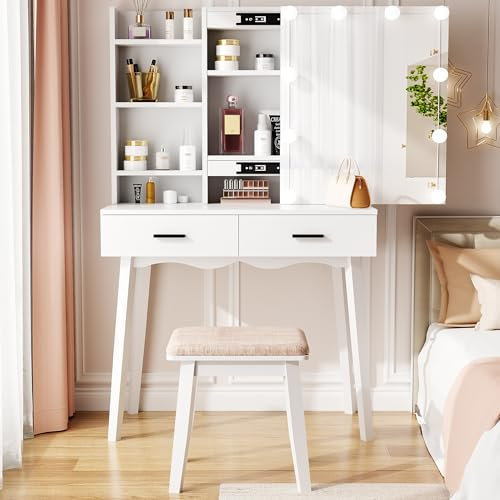 ANWBROAD Schminktisch mit Beleuchtung Schminktisch mit Schiebespiegel in 3 Farben LED-Beleuchtung Eitelkeit Kosmetiktisch für Mädchen Frisiertisch mit Spiegel und Hocker Weiß BDT69W 80 x 40 x 134.5cm