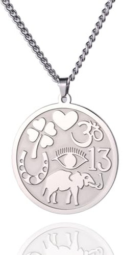 Amaxer Collier porte-bonheur pour homme avec pendentif éléphant fer à cheval trèfle cœur pièce ronde médaille talisman (Argenté.)