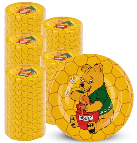 KADAX Schraubdeckel fi43 mm, Twist-Off-Deckel Set aus Metall, passend für 40ml Gläser, Ersatzdeckel mit 4 Einrastzähnen, Deckel für Sturzgläser, Flaschen und Einmachgläser (Winnie Puuh, 50 Stück)