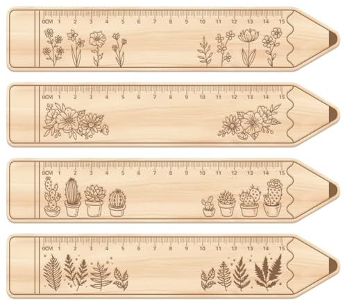 arricraft 4 Stück Holzlineal 4 Stilwerkzeug Lineal Wildblumen Kakteen Farn Blätter Pflanzen Lineal Für Schüler Kreatives Bleistift Styling Messwerkzeug Strickwerkzeuge Für Schüler Lehrer Künstler