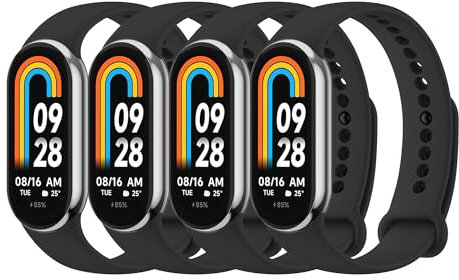 Amzpas 4 Pièces Bracelet pour Xiaomi Mi Band 8, Bracelet en silicone souple et confortable pour Xiaomi Mi Band 8, Noir+Noir+Noir+Noir