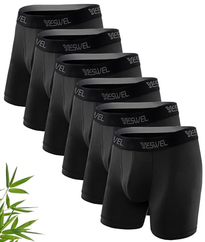 YESWEL Mens Boxers XL, Longer Leg Bamboo Boxer Shorts with Fly, Anti - Chafing Underwear Trunks, No Itchy Labels Underpants Pack of 6 Black