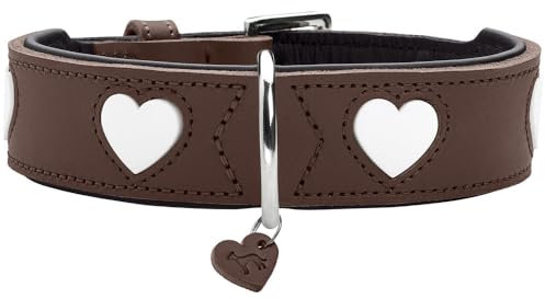 HUNTER Hundehalsband Love, Farbe: braun/schwarz, weiches, Robustes Rindsleder, einzeln eingenähte Herzen, handgefertigt, hoher, besonders anschmiegsam, Made in Germany, Größe 70