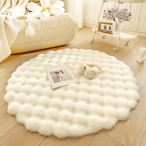 Tospass Hochflor Teppich Rund Wohnzimmer Langflor Flauschig Shaggy Kunstfell Fell Waschbar für Schlafzimmer Bettvorleger Weiß Moderne Rutschfester Teppiche, 160 cm Rund