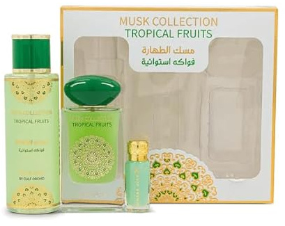 Gulf Orchid Musk Collection Tropical Fruits 3pcs Gift Set – 60 mL Eau de Parfum, 250 mL Body Mist, 12 mL Concentrated Oil – Exotic Fruity Musk Perfume Gift Set for Women & Men