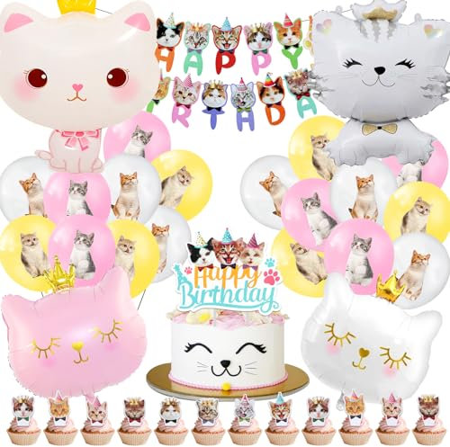 Katzen Deko Geburtstag,Katze Luftballons 50 Pcs,Katzen Kindergeburtstag Party Deko Mädchen,Katze Thema Helium Ballons,Haustier Katze Geburtstagsdeko,Katzenkopf Folienballon Dekoration