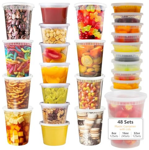 VINATO Recipientes HerméTicos para Alimentos, 48pcs Contenedores de Comida Deli con Tapas, 12 X 950ml | 24 X 470ml | 12 X 240ml, Reutilizables, Sin BPA, Aptos Para Lavavajillas y Microondas