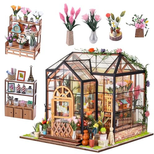 OZJAY DIY Miniature House Kit, Mini House Building Kit with LED, DIY Wooden Dollhouse Miniature Kit for Adults Teen, Wooden Crafts Lovely Dollhouse Kit, Jenny Greenhouse
