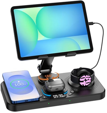 30W Wireless Charger for Samsung Foldable Android Charging Station for Galaxy Tab with Digital Clock &7 Color Ambient Light, Watch Charger for S25 Ultra/S24, for Samsung Watch7, Galaxy Buds3 Pro(Black