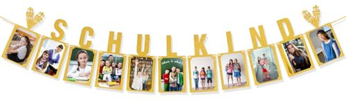 Einschulung Mädchen Deko, Schulkind Girlande mit Fotoeinschub, Einschulung Banner zum Aufhängen, Deko zur Schuleinführung & Einschulungsfeier