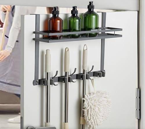 EARLESS BEAR Broom Holder Over The Door Over Door Broom and Mop Rack Over The Door Hooks Organizer With4 Slots & 3 Hooks 1 Storage Basket For Laundry Room, Garage, Closet, Kitchen Decor (grey)