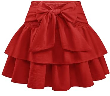 Timormode Women's Bow Mini Skirt High Waisted Ruffle Hem Short Skirts Cute A-Line Layered Skater Skirt TMS8005 Red XL