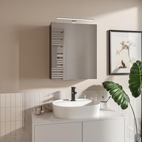 HAJDUK FURNITURE Spiegelschrank Bad 50x60 cm Schwarz mit LED Beleuchtung Spiegelablage Grifflos Aufsatzleuchte mit Schwarz Gehäuse