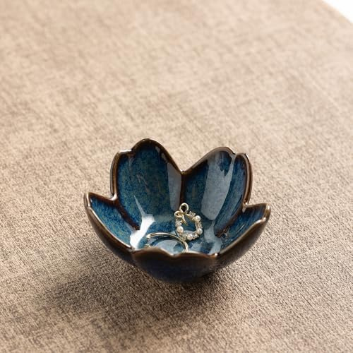 zerokyclan Floral Ceramic Jewelry Tray - 3.5 Elegant Ring Holder Dish & Trinket Bowl for Vanity Dresser Decor, Unique Gifts for Mom, Women, Friends (Blue)
