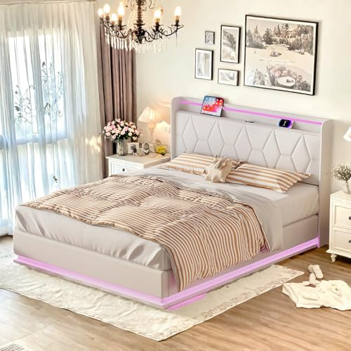 Lietre LED Boxspringbett 160x200cm mit USB, Gepolstertes Doppelbett, Hydraulische Jugendbett mit LED-Kopfteil, Stauraumbett mit Bettkasten und Lattenrost, Ohne Matratze (Weiß, 160x200)