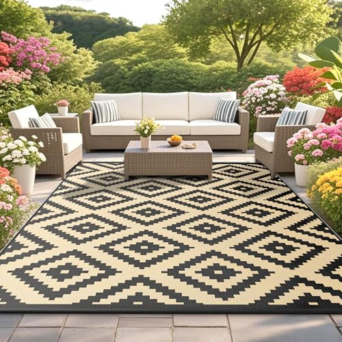 Habaylin Outdoor Teppich Wetterfest, Wendbarer Balkon Teppich 240x300 cm, Leichtgewicht Picknickdecke Vorzeltteppich für Camping Terrasse Garten, Black