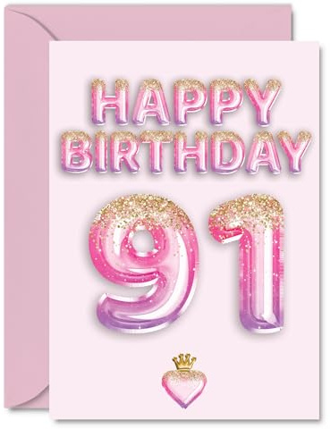91st Birthday Cards for Women and Men, Pink & Purple Glitter Balloons | Happy Birthday Card for 91 Year Old Man Woman Uncle Wife Auntie Grandad, A5 Bday Greeting Cards