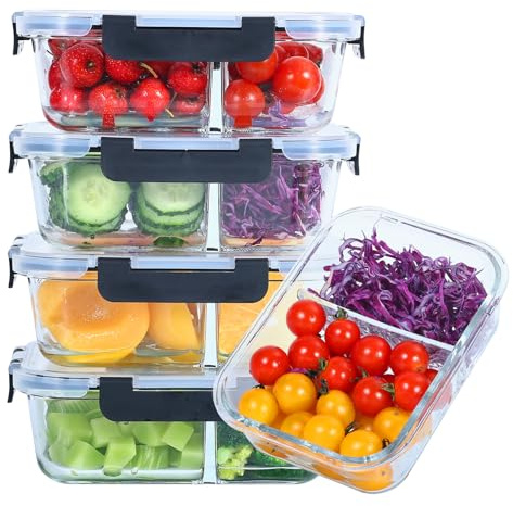 Liliume Glasbehälter mit Deckel Meal Prep Boxen Glas 2 Fächer (5Stück, 1040ml) Meal Prep Boxen Glas mit Trenner Portionskontrolle For Lunch