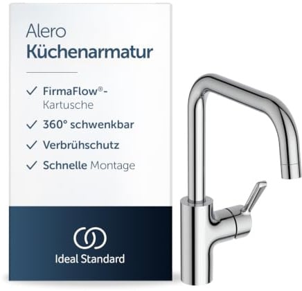 Ideal Standard Alero Küchenarmatur, Hochdruck, Auslaufhöhe 222 mm – Chrom | 360° schwenkbarer Auslauf, schnelle Installation, Wasserhahn Küchen-Spüle, BE191AA