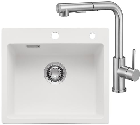 CECIPA Spülbecken Set Weiß 50x45cm mit Ausziehbarer Küchenarmatur Gebürstet, Granit Küchenspüle 1 Becken Einbauspüle, 80% Quarzsand Spüle inkl Siphon & Überlauf