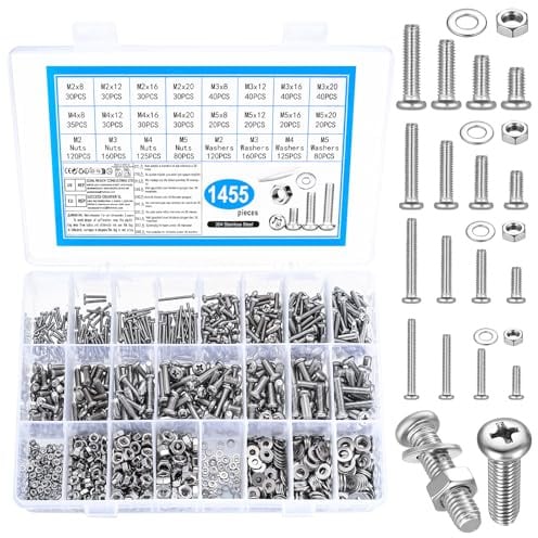 1455 PzViti M2 M3 M4 M5, Kit di Bulloni e Dadi in Acciaio Inox, Set di Viti Bulloni e Dadi e Rondelle, Ferramenta Viti a Testa Tonda a Croce, Kit di Assortimento di Vite per Macchina