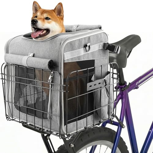 Ramalto Foldable Dog Bike Rear Basket with Safety Leash & Padded Liner, Pet Carrier for Small to Medium Dogs & Cats up to 22 lbs, Quick-Install Rear Bicycle Carrier for Travel