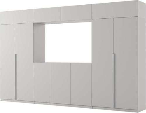 e-Meblast Wohnwand Wohnzimmer Möbel Atrium - Modern Schrankwand 385 x 240 x 54 cm Wohnzimmerschränke - RTV Schrank Ausbaufähig Oberschränke Regale Schubladen (Gray New York/Deep Matt)
