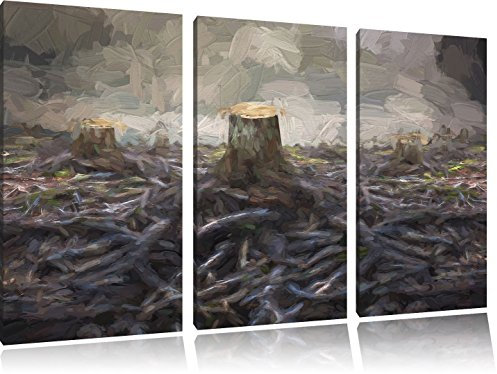 Pixxprint Gerodeter Wald, Leinwandbild 3 Teilig, Gesamtmaß: 120x80cm, Wandbild, Dekoration, fertig gespannt, Kein Poster