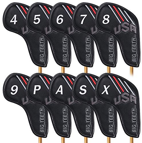Big Teeth 10Pcs Long Neck Iron Head Covers, USA Golf Head Covers Black Iron Covers, Golf Club Covers with Number Golf Club Head Covers Fit Taylormade M2 Callaway Rogue X Ping G710