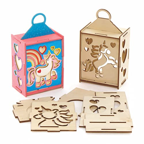 Baker Ross AX665 Einhorn Laterne Bastelset aus Holz - 3er Pack, Holzlaterne für Mädchen zum Basteln und Bemalen