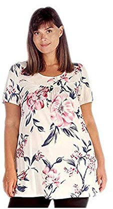 Purple Hanger Womens Floral Print Ladies Short Sleeves Stretch Round Scoop Neckline Long Smock Tunic T-Shirt Top Plus Size (28, Cream Lotus)
