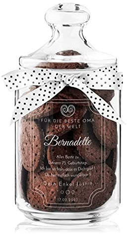 Maverton Keksglas mit Gravur - Glasbehälter mit Deckel - Bonbonglas mit eleganter Schleife - Vorratsglas personalisiert - Geschenk für Naschkatze & Hobbybäckerin Frauen - Rahmen