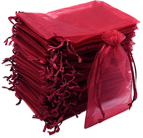 Leeyunbee 100 Stück Weinrot Organzasäckchen 10 x 15 cm Organzabeutel, Säckchen Geschenk Schmuck Hochzeit Bonbonsbeutel Für Festival Party und Hochzeit, Satin-Kordelzug
