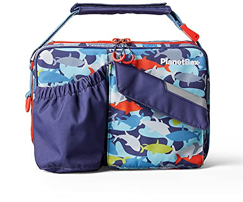 PlanetBox Isolierte Lunchtasche, leicht zu reinigen und langlebig, Tragetasche mit Taschen für Snacks und Getränke, und verstellbare Riemen, Camo Sharks
