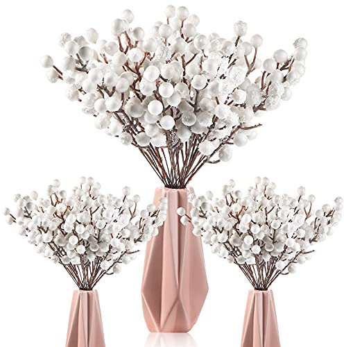 Geosar 30 Tallos de Bayas de Acebo Artificiales con Palillos de Bayas de Árbol de Navidad con Purpurina Forma de Copo de Nieve para Adornos de Árbol de Navidad DIY Decoración de Boda (Blanco)