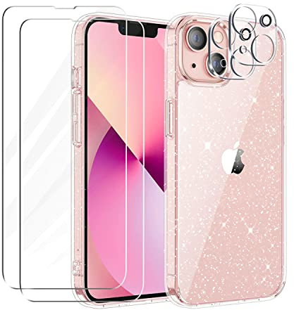 Funda Compatible con iPhone 13 con 2 Unidades de Protector de Pantalla de Cristal Templado y 2 Protector de Lente de Cámara, Carcasa Transparente Glitter Brillante de Silicona TPU