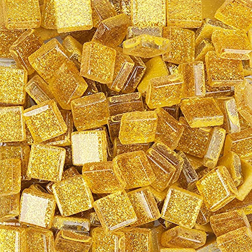 200g Tessere Mosaico Piastrelle Mosaico Vetro, Quadrata Pezzi di Vetro,Cristallo Glitterato Tessere per Mosaico Piastrelle Assortite per Lavori Artigianali,Decorazioni,1x1cm(Oro)