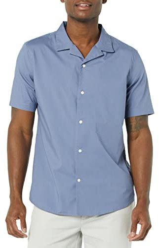 Amazon Essentials Men's Vacation Cotton Button-Down Resort Shirt, Short Sleeve, Washed Blue, XS
