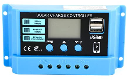 Areyourshop Solarladeregler, 20 A PWM Solarladeregler 12 V PV Einstellbarer LCD-Display-Regler für Life-po4 Lithium-Blei-Säure-Gel mit zwei USB-Anschlüssen
