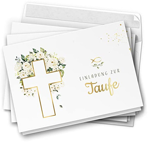 10 EInladungskarten Klappkarten Taufe Kirchlich mit Umschlägen Motiv Kreuz Blumen Einladung Blumen edel Jungen Mädchen
