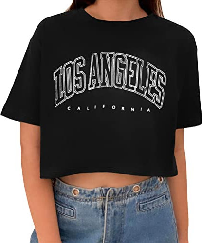 Tomwell T-Shirt Damen Crop Top Kurzarm Sportshirt Sexy Oberteil Bauchfrei Sommer Vintage Crop Tshirt mit Los Angeles Brief Lose Rundhals Teenager Mädchen Bluse A Schwarz S