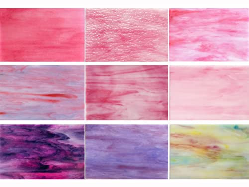 PALJOLLY 9 Blatt Buntglasplatte Pink und Lila Kollektion, 10,2 x 15,2 cm Buntglas-Zubehör, Mosaikfliesen zum Basteln, rosa lila Farben für Glasbastler, Projekte und Kunst