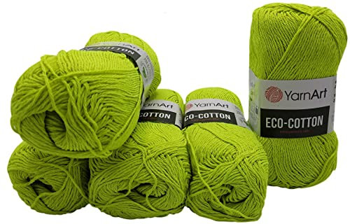 5 x 100g Strickwolle YarnArt Eco Cotton mit 85% Baumwolle, 500 Gramm Wolle einfarbig (neon grün 801)
