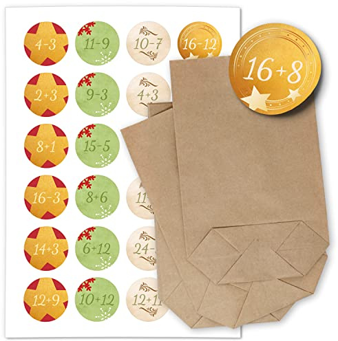 ADVENTSKALENDER SET zum Befüllen - Mathe Aufgaben Bunter Mix rechnen - mit 24 Tüten und passenden weihnachtlichen Zahlen Aufklebern für Weihnachten, Advent