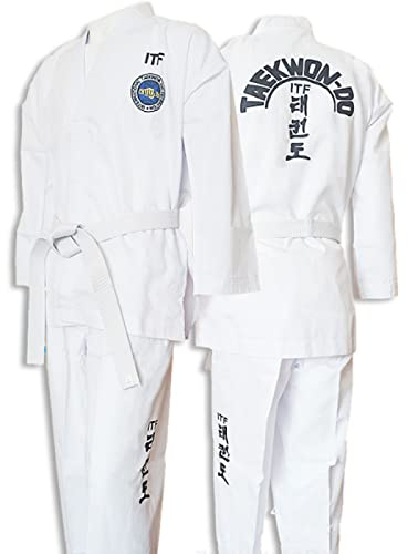 ITF Taekwondo Uniform Kinder Erwachsene Gestreifter Stoff Karate Gi Judo Anzug für Wettkampf und Training,White-180