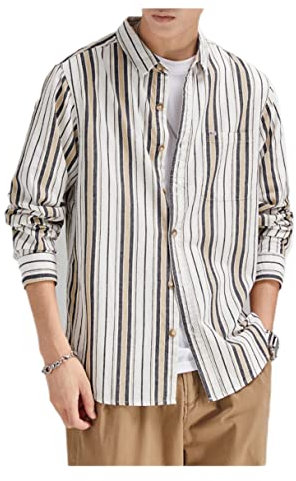 Causal Shirt Herren Vertikale Streifen Revers Mode Shirt Herren Slim Fit Jugend All-Match Langarm Shirt Herren Klassisch Mit Taschen Knopf Shirt Herren B-White L