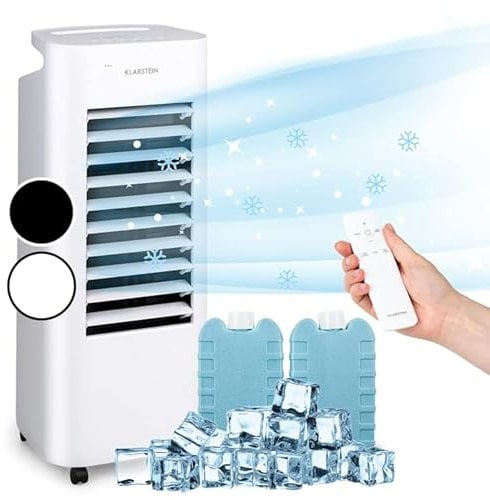 Klarstein Condizionatore Portatile 60W, 4in1 Climatizzatore Portatile, Raffrescatore d'Aria Silenzioso con Night Mode, Deumidificatore, Rinfrescatore, Ventilatore, Serbatoio da 6L, 330m³/h, Bianco