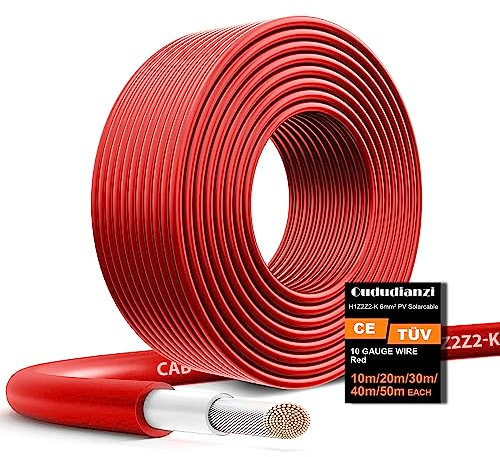 Oududianzi Cable Solaire 6mm2 10m, Cable Panneau Solaire 6mm2 10m, Câble Photovoltaïque, Câble de Connexion Solaire pour Panneaux Solaires & Régulateurs de Charge (Rouge, 10m)