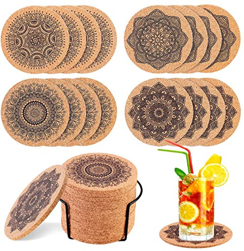16 Stück Untersetzer Kork 10CM,Korkuntersetzer Wiederverwendbare,Saugfähigen Tasse Coaster,Untersetzer Gläser Mandala,Glasuntersetzer Holz,Runde Korkuntersetzer für Zuhause Restaurant Büro Kaffee Bar